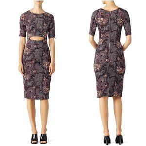Suno Cut Out Midi Dress 2 Black Purple Paisley Floral Sheath Silk Designer